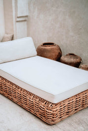 Handmade Ingka modular sofa chaise lounge in cognac rattan with thick weave, versatile as standalone lounger or part of modular sofa for living room, terrace, or patio.