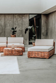 Handmade Ingka modular sofa chaise lounge in cognac rattan with thick weave, versatile as standalone lounger or part of modular sofa for living room, terrace, or patio.