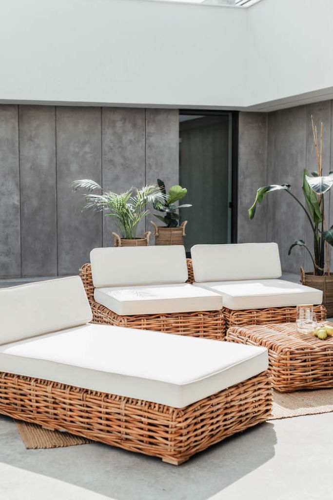 Handmade Ingka modular sofa chaise lounge in cognac rattan with thick weave, versatile as standalone lounger or part of modular sofa for living room, terrace, or patio.