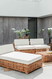 Handmade Ingka modular sofa chaise lounge in cognac rattan with thick weave, versatile as standalone lounger or part of modular sofa for living room, terrace, or patio.