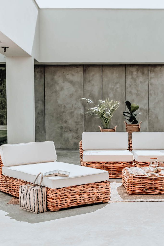 Handmade Ingka modular sofa chaise lounge in cognac rattan with thick weave, versatile as standalone lounger or part of modular sofa for living room, terrace, or patio.