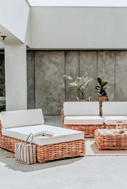 Handmade Ingka modular sofa chaise lounge in cognac rattan with thick weave, versatile as standalone lounger or part of modular sofa for living room, terrace, or patio.