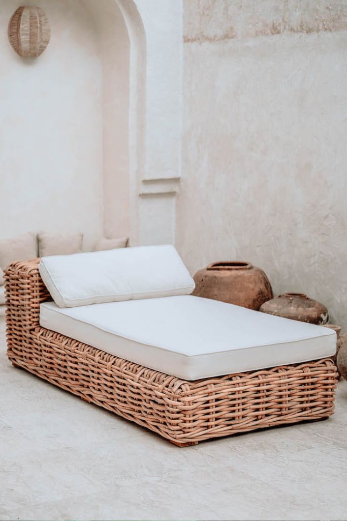 Handmade Ingka modular sofa chaise lounge in cognac rattan with thick weave, versatile as standalone lounger or part of modular sofa for living room, terrace, or patio.