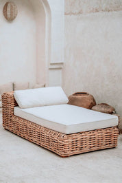 Handmade Ingka modular sofa chaise lounge in cognac rattan with thick weave, versatile as standalone lounger or part of modular sofa for living room, terrace, or patio.