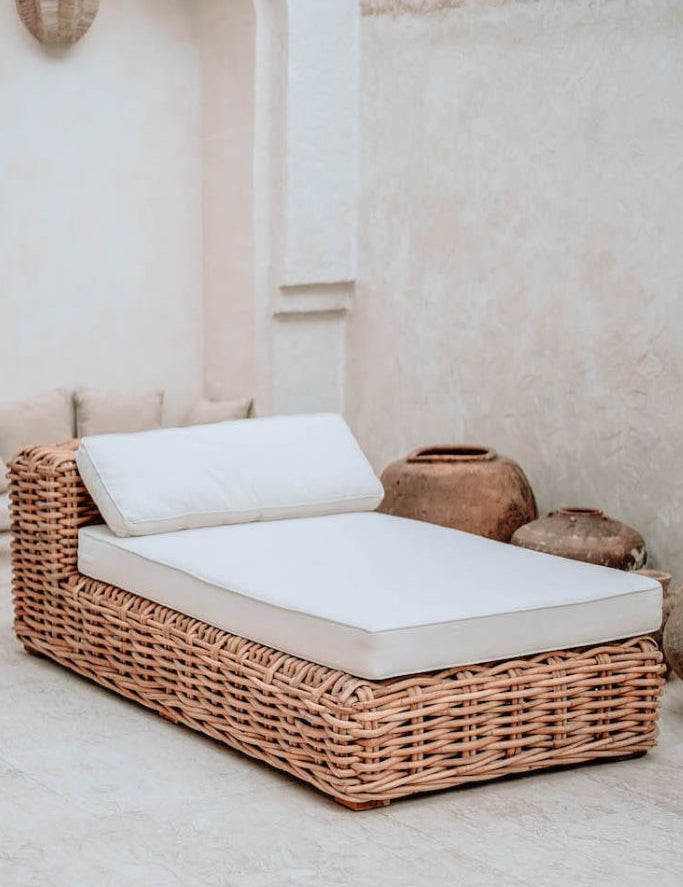 Handmade Ingka modular sofa chaise lounge in cognac rattan with thick weave, versatile as standalone lounger or part of modular sofa for living room, terrace, or patio.