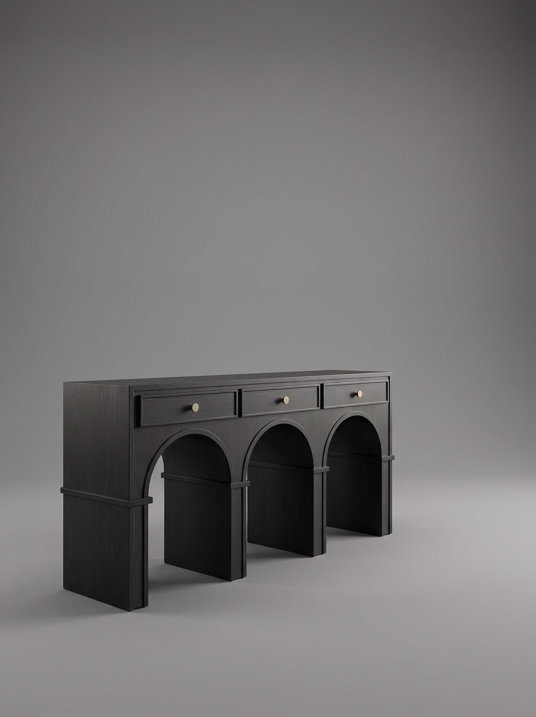 A black wooden console table with three drawers on top and three arched legs underneath, shown against a neutral gray studio background.