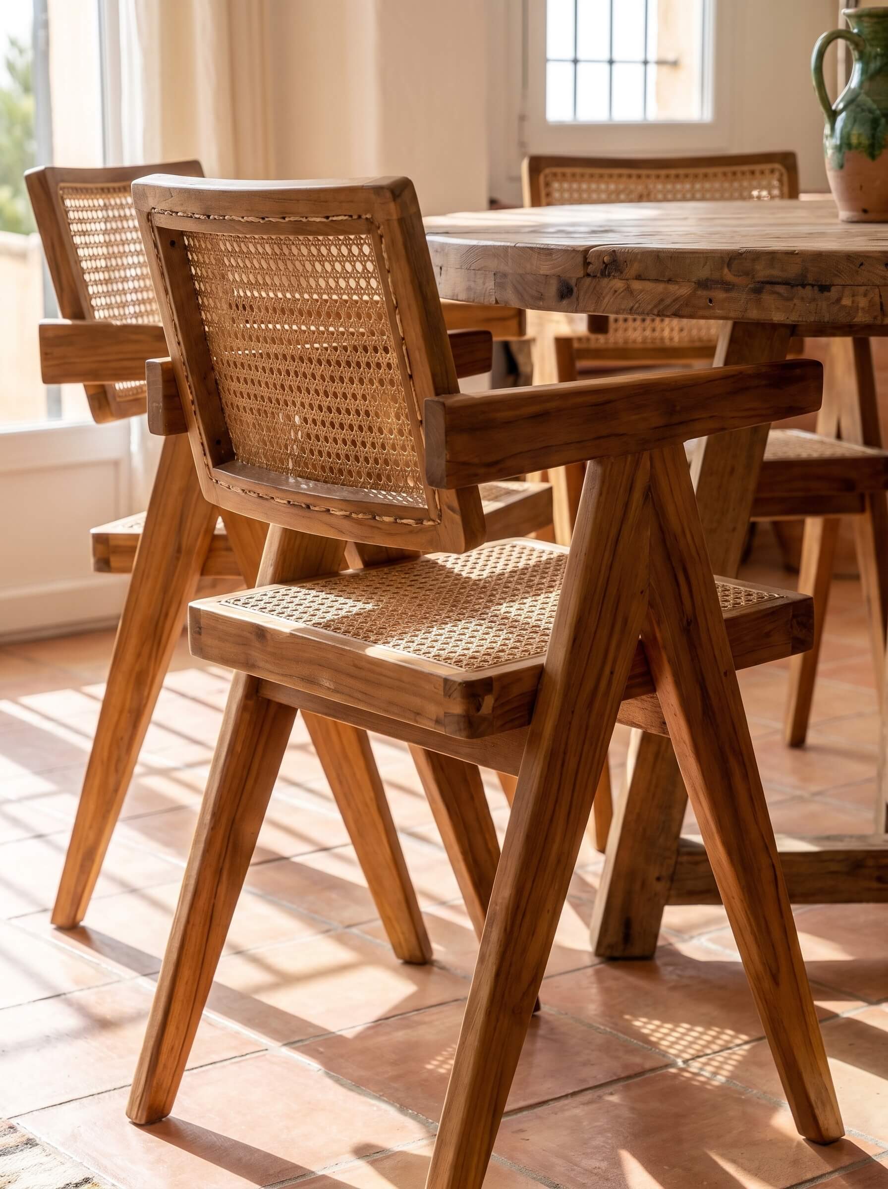 Back detail of solid teak wood chair
Teak wood armchair with natural finish
Modern organic teak wood dining chair