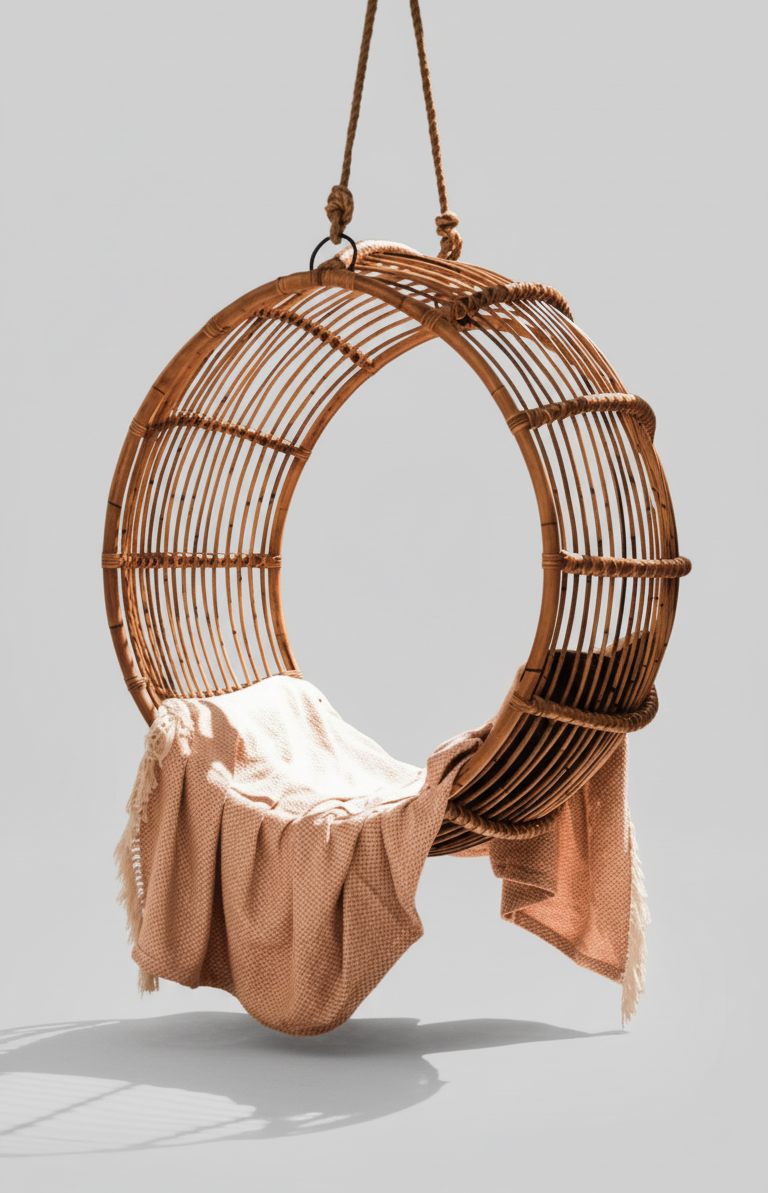 Wicker hanging chair with a blanket ,round 