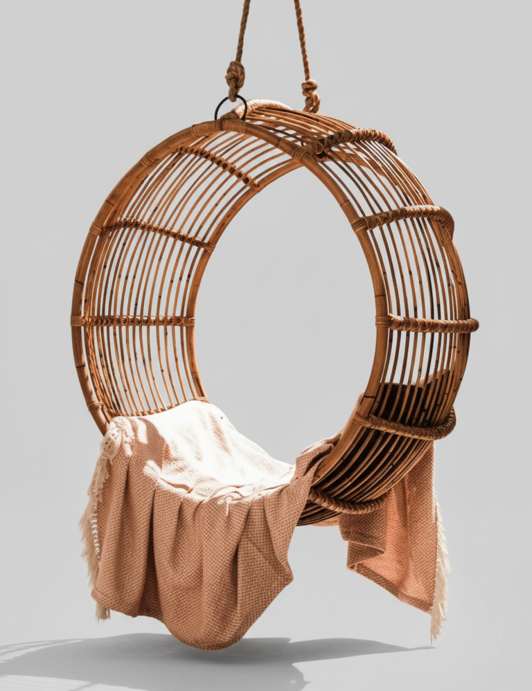 Wicker hanging chair with a blanket ,round 