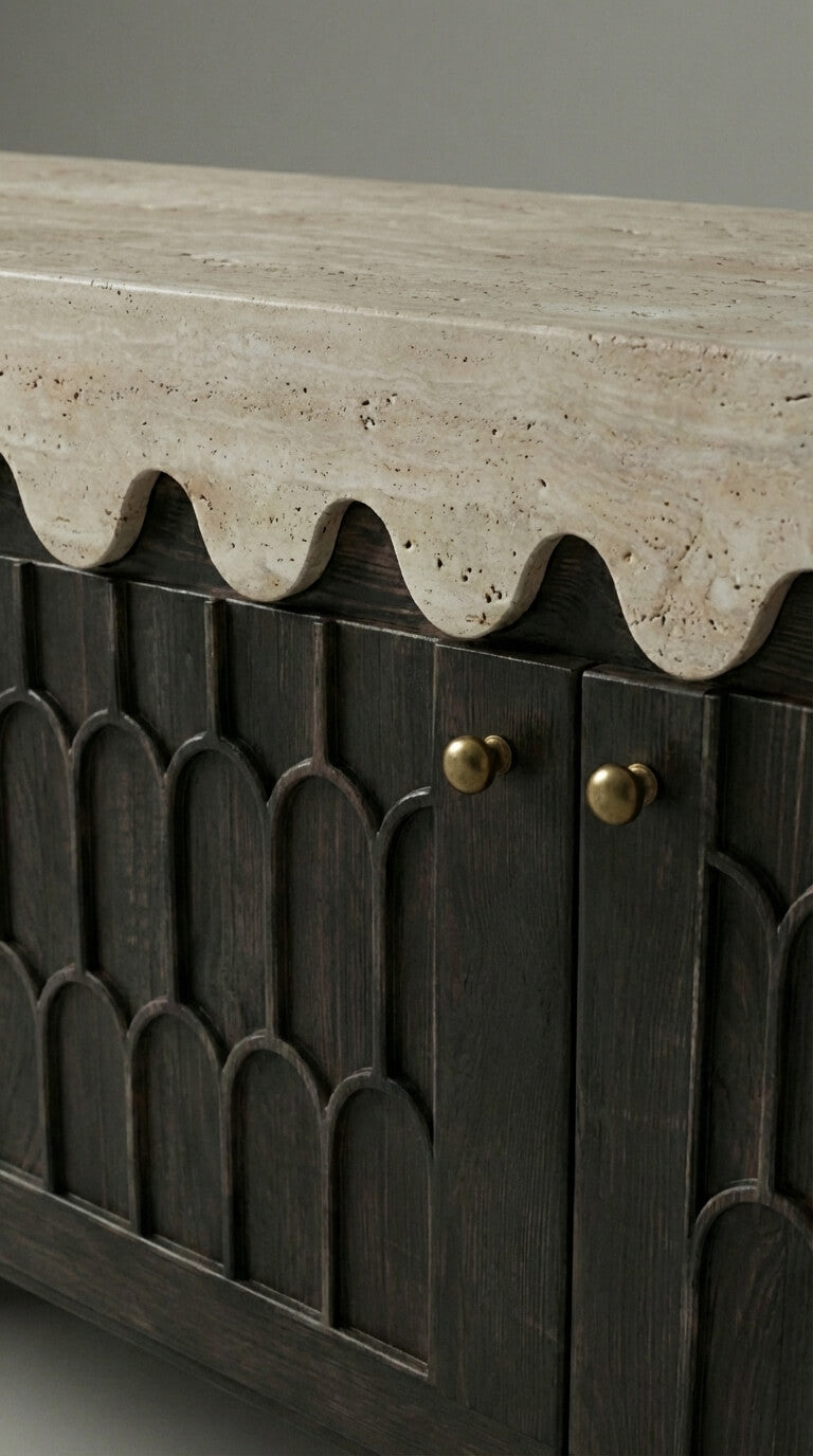 Dark wooden cabinet with decorative detailing and scalloped edge on top