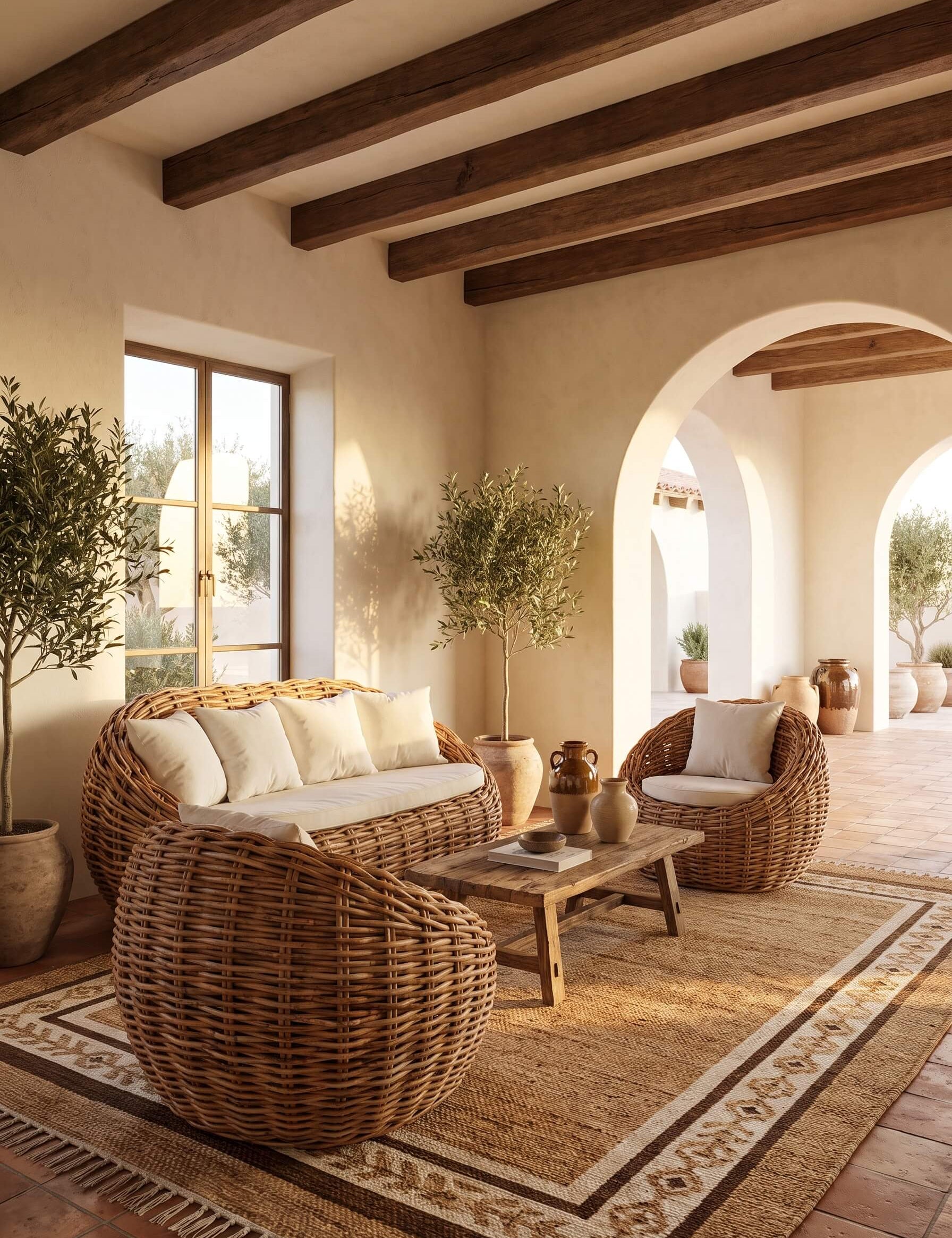 A rustic Mediterranean-style outdoor seating area featuring a round woven wicker sofa, two matching armchairs with white cushions, a wooden coffee table, and a patterned jute rug under a covered patio with exposed wooden beams.
