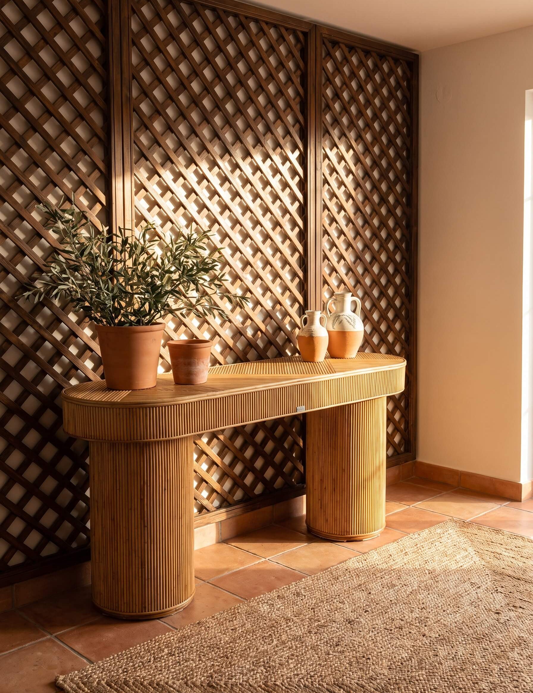 Designer rattan console table with modern lines