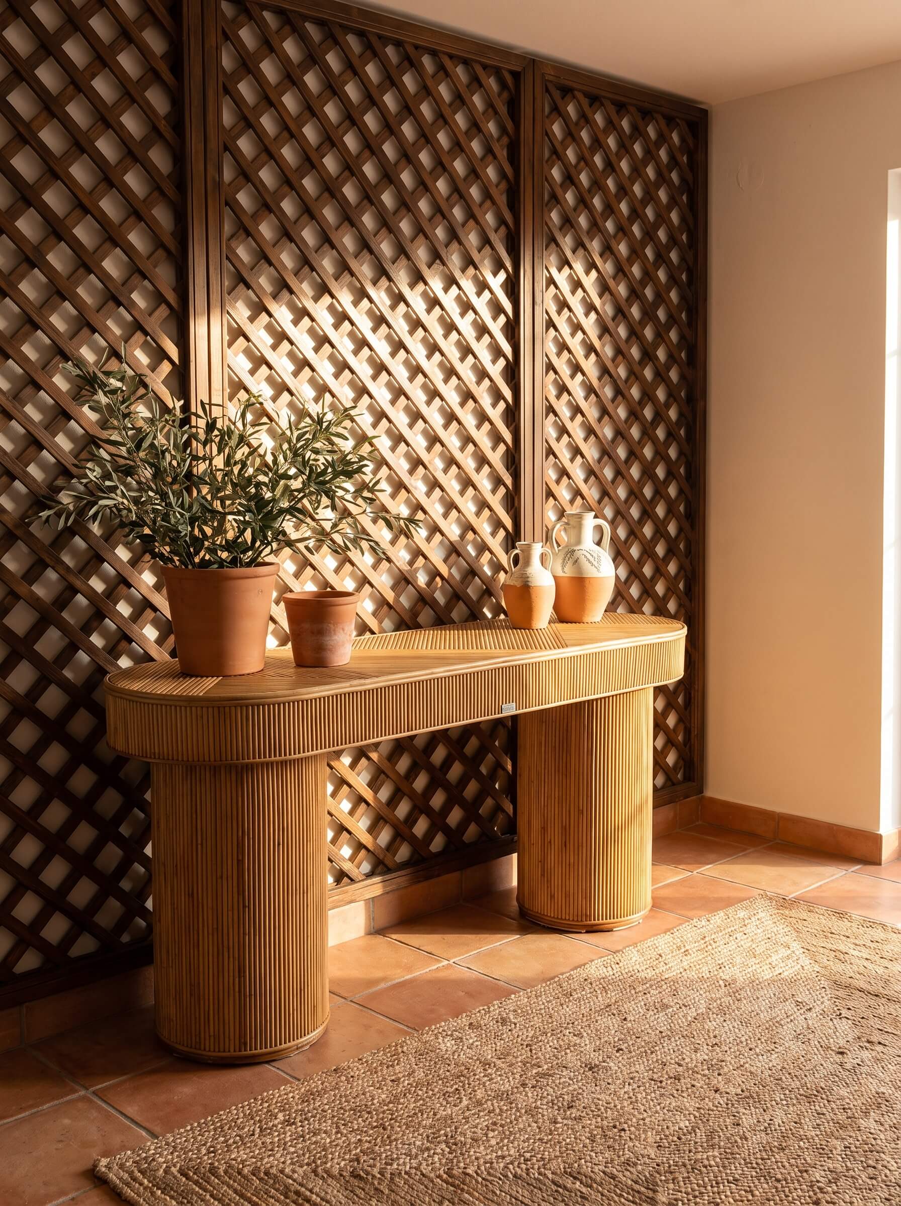 Designer rattan console table with modern lines