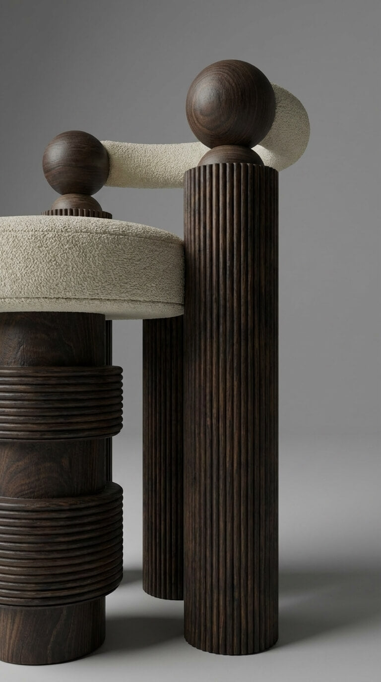 Modern chair with wooden and fabric design on a gray background