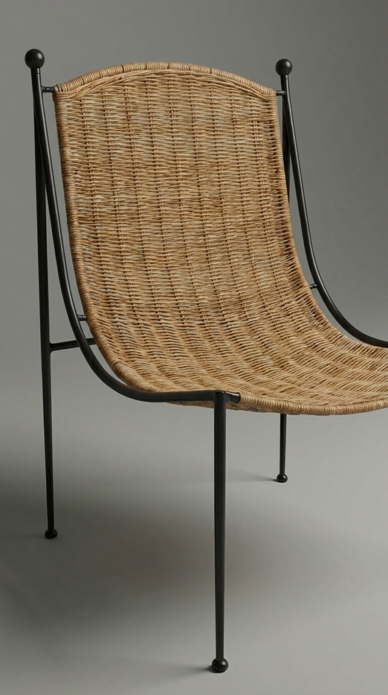 Wicker chair with black metal frame on a gray background