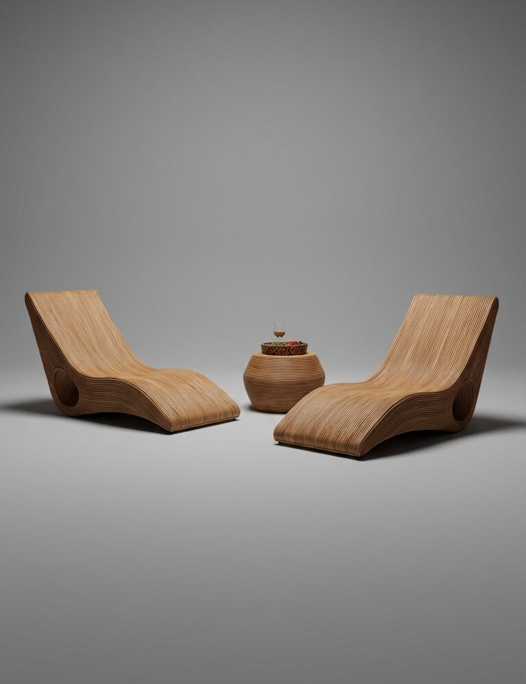 Wooden lounge chairs and a small table on a gray background