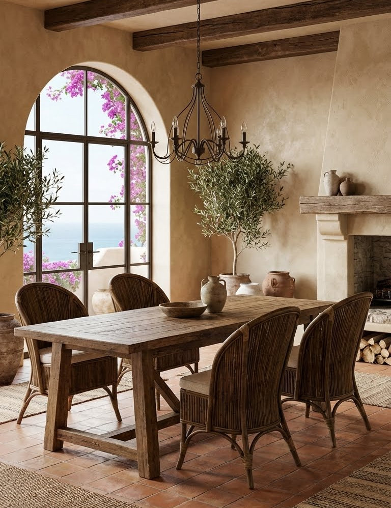 Dining room with wooden table and chairs, large window with floral view, and rustic decor.