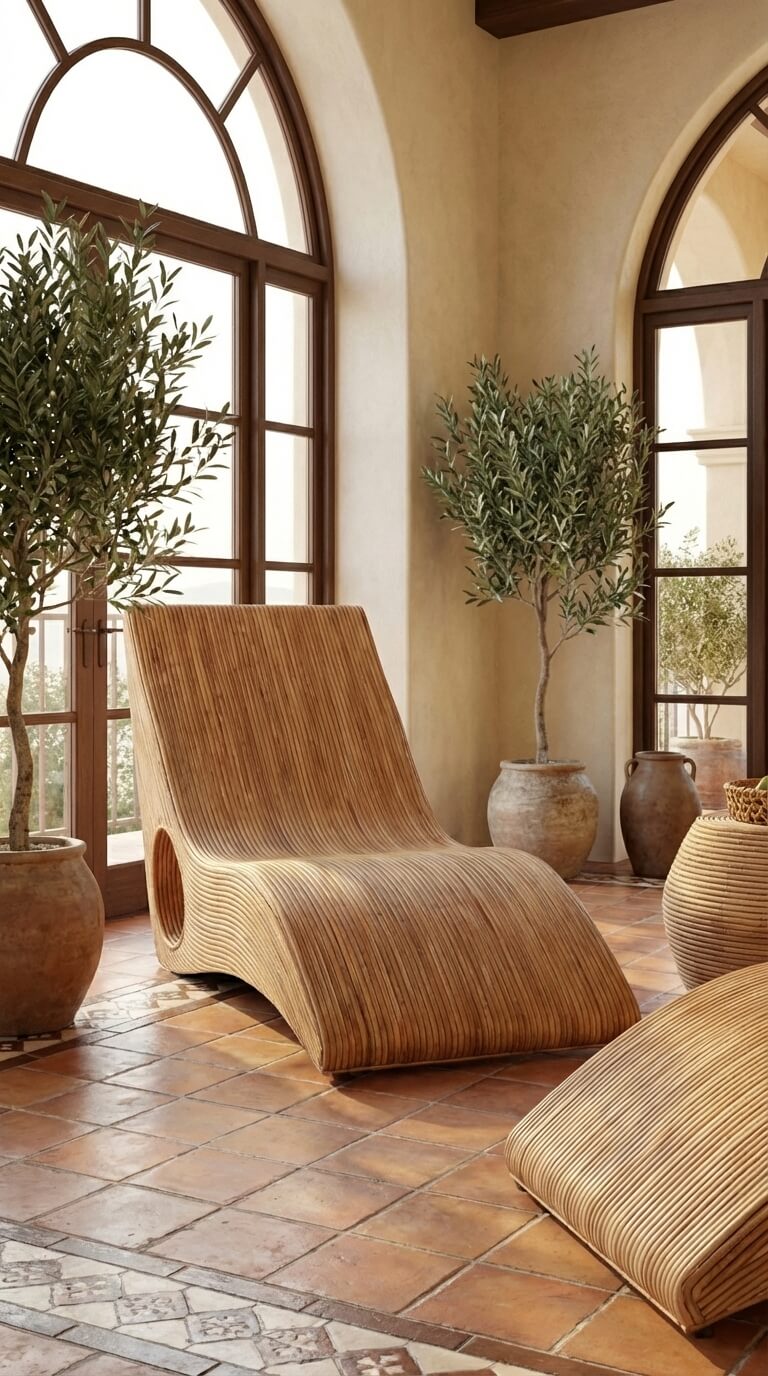 Wooden lounge chair in a room with large windows and decorative plants.