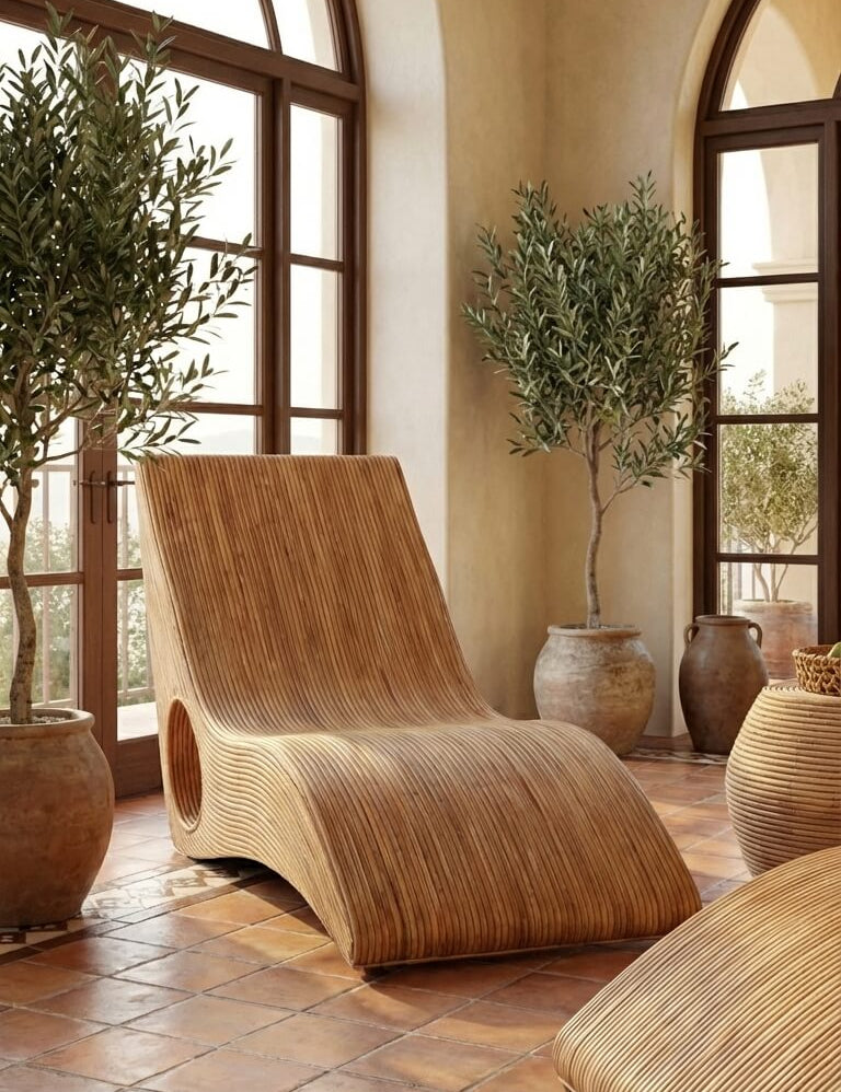 Wooden lounge chair in a room with large windows and decorative plants.