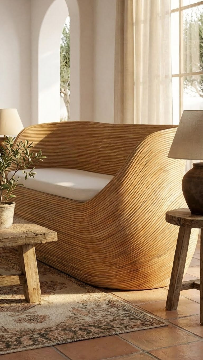 Woven wooden chair in a sunlit room with natural light