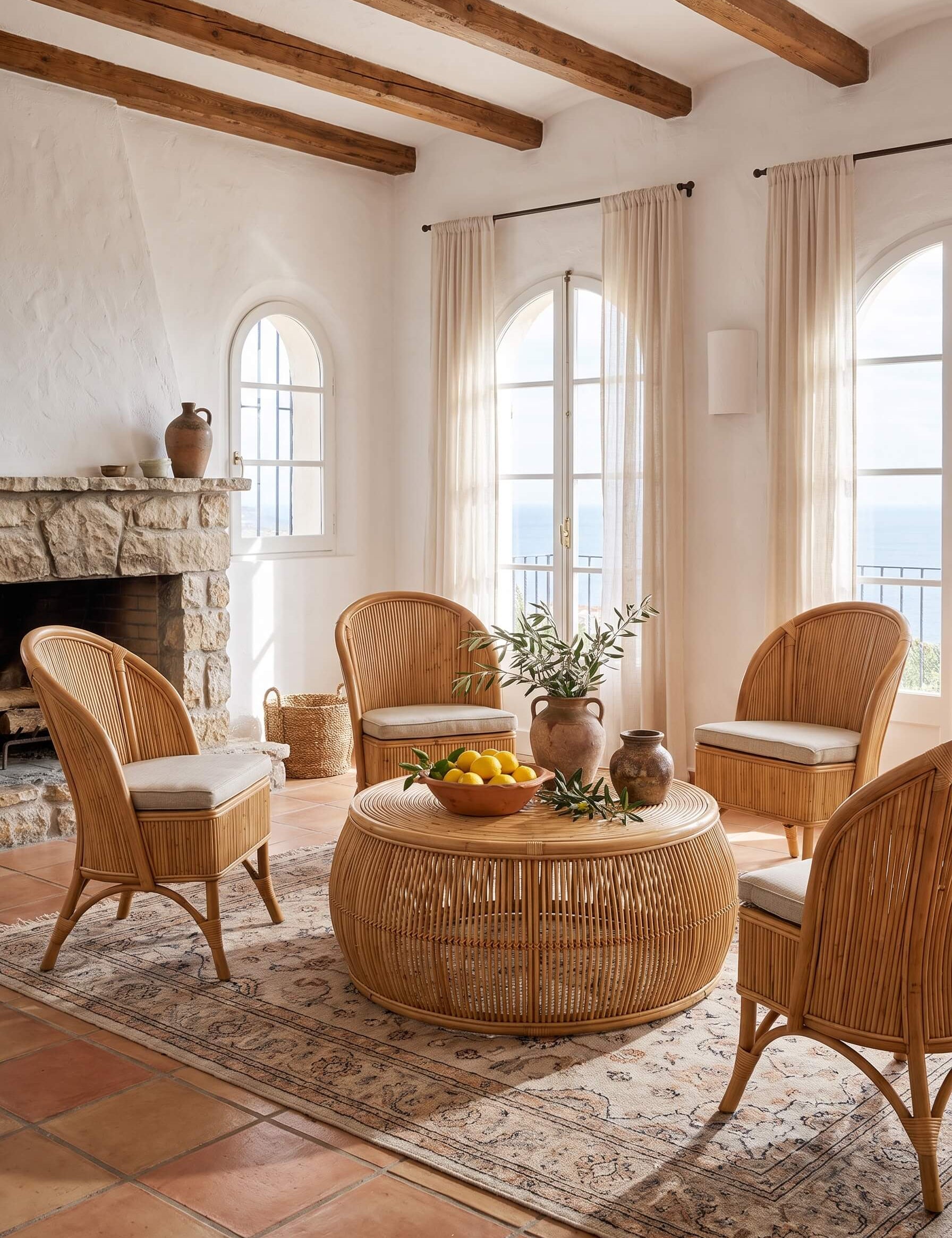 A styled interior scene with four woven rattan armchairs with cream cushions arranged around a round rattan coffee table in a bright room with arched windows, curtains, a stone fireplace, and exposed wooden ceiling beams.
