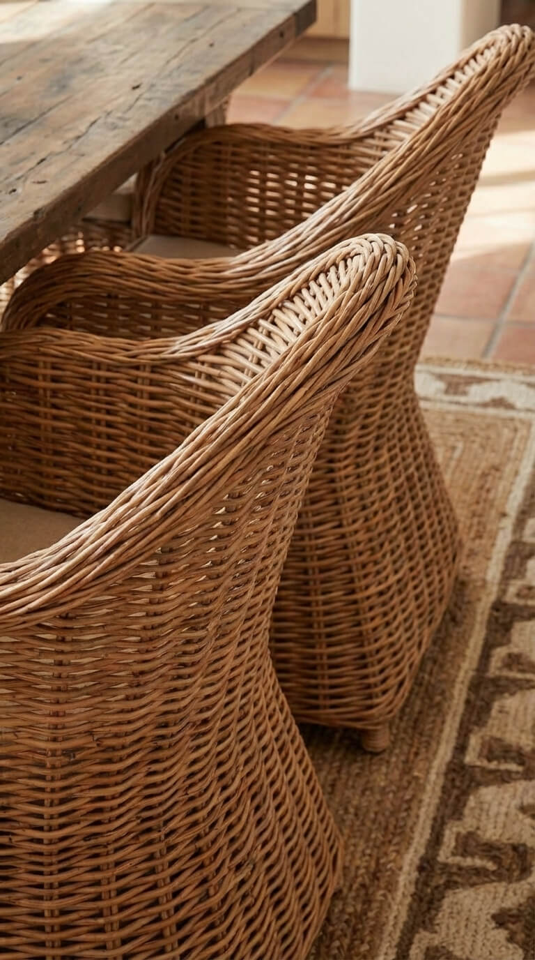 Two wicker chairs in a rustic setting with a wooden table.