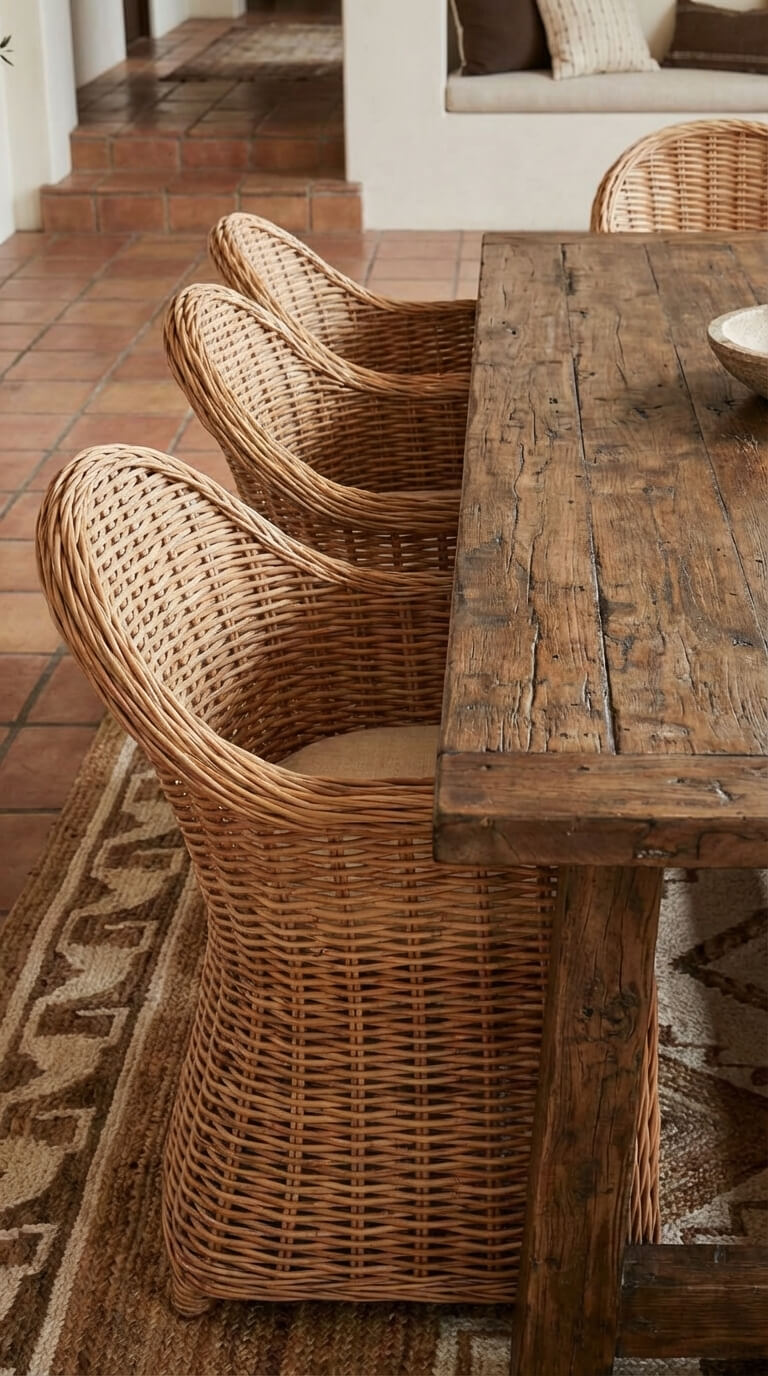 Wicker chairs and a wooden table in a rustic indoor setting