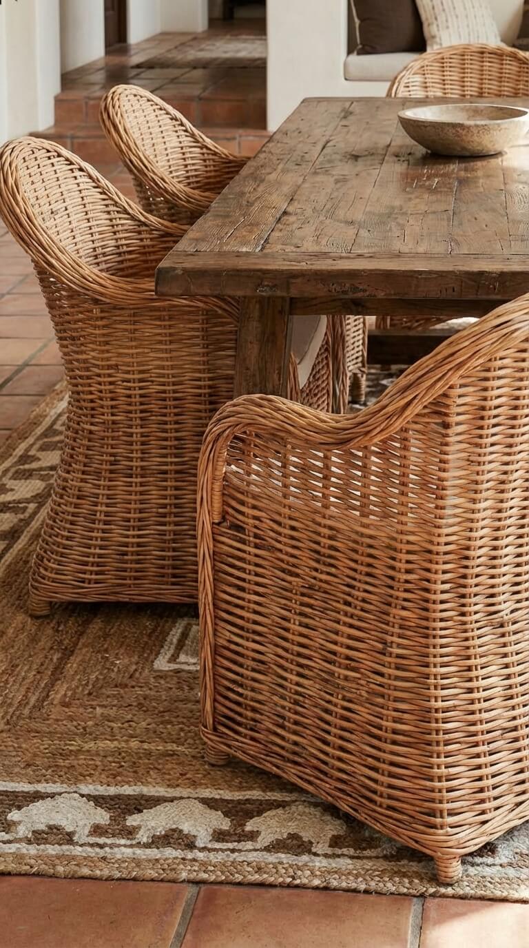 Wooden table with wicker chairs in a rustic setting