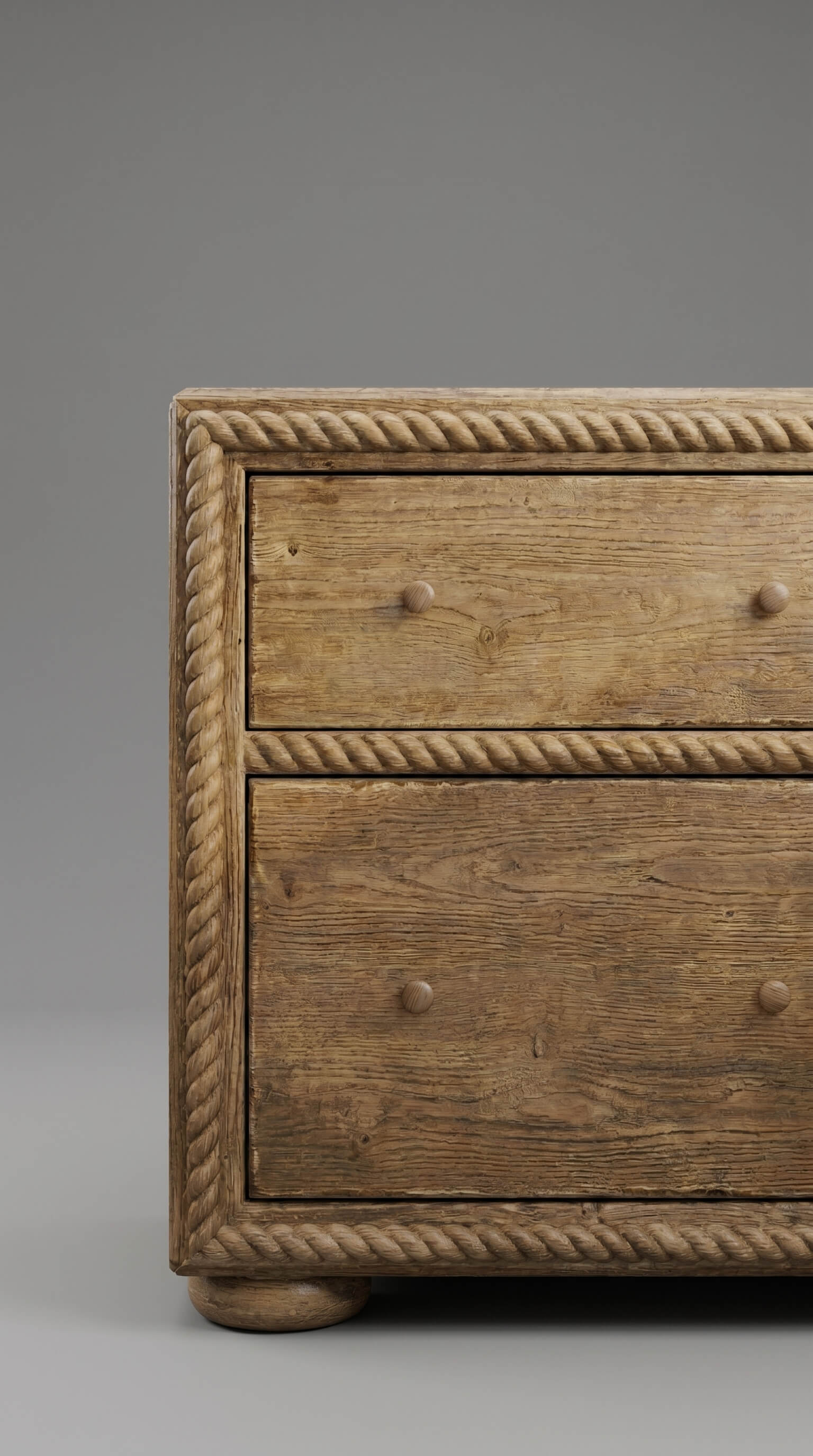 Wooden dresser with rope detailing on a gray background