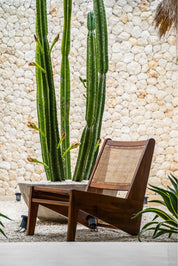 Elisha teak wood chair with handcrafted rattan seat and back, stylish and durable for indoor or outdoor use, perfect for dining rooms, patios, and living spaces.