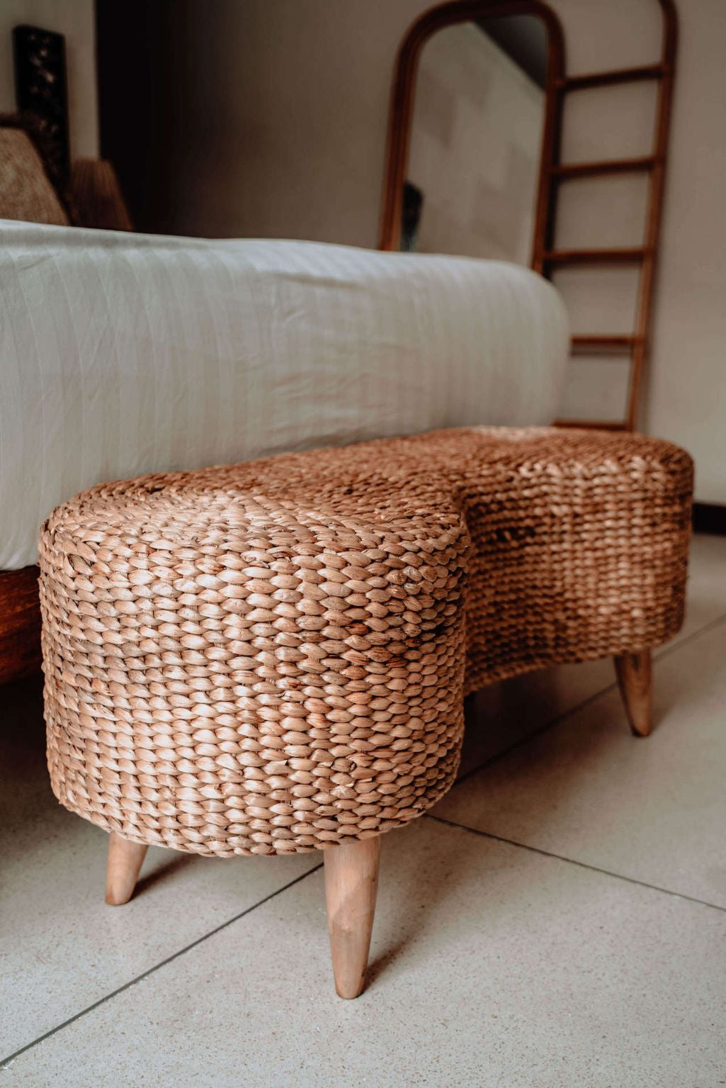 Ellina and Bellina Ottoman Benches, handcrafted water hyacinth with wooden legs, versatile seating for modern and scandinavian interiors