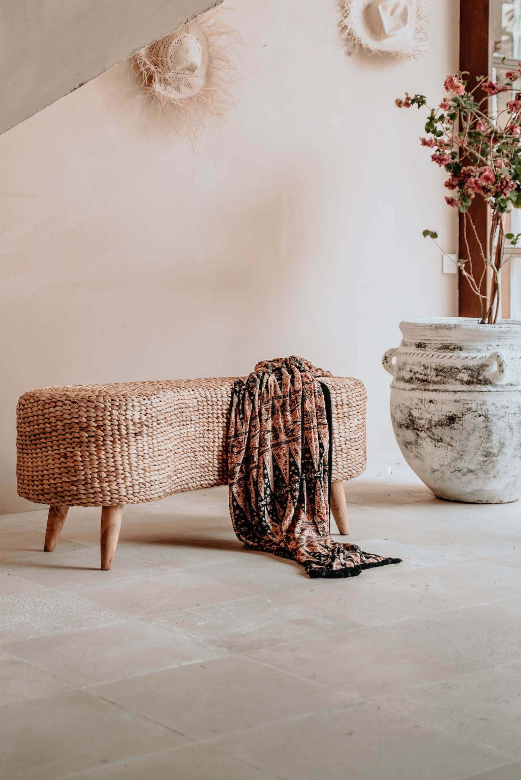 Ellina and Bellina Ottoman Benches, handcrafted water hyacinth with wooden legs, versatile seating for modern and scandinavian interiors