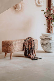 Ellina and Bellina Ottoman Benches, handcrafted water hyacinth with wooden legs, versatile seating for modern and scandinavian interiors