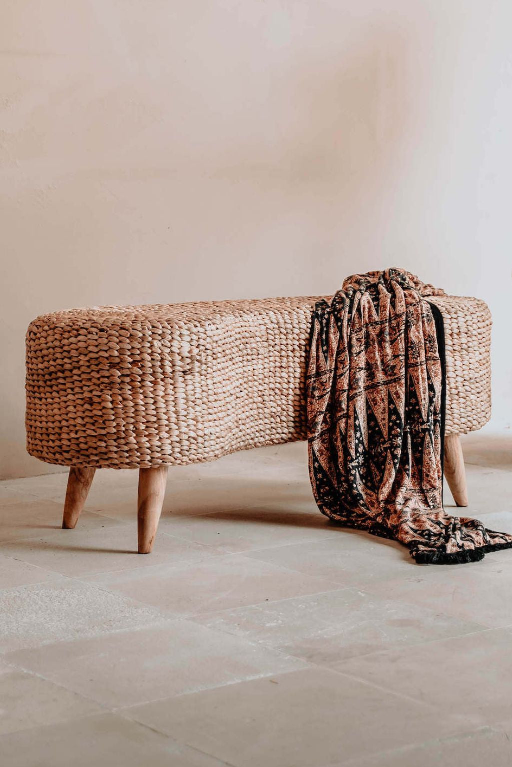 Ellina and Bellina Ottoman Benches, handcrafted water hyacinth with wooden legs, versatile seating for modern and scandinavian interiors