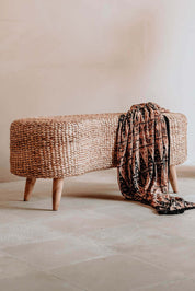 Ellina and Bellina Ottoman Benches, handcrafted water hyacinth with wooden legs, versatile seating for modern and scandinavian interiors