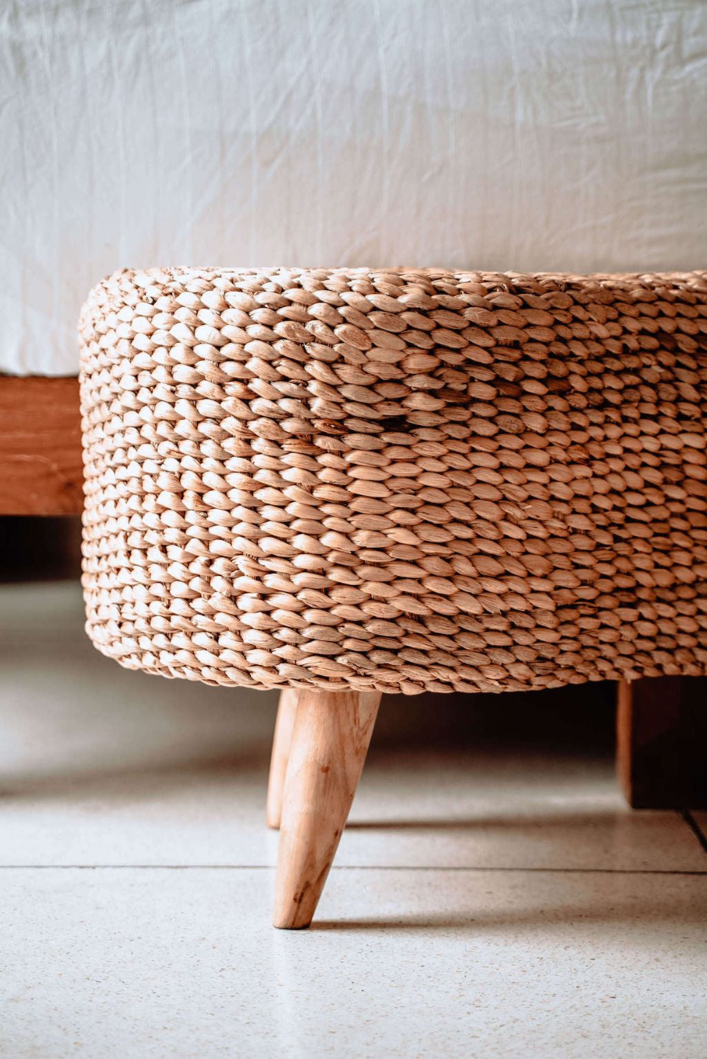 Ellina and Bellina Ottoman Benches, handcrafted water hyacinth with wooden legs, versatile seating for modern and scandinavian interiors