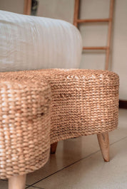 Ellina and Bellina Ottoman Benches, handcrafted water hyacinth with wooden legs, versatile seating for modern and scandinavian interiors