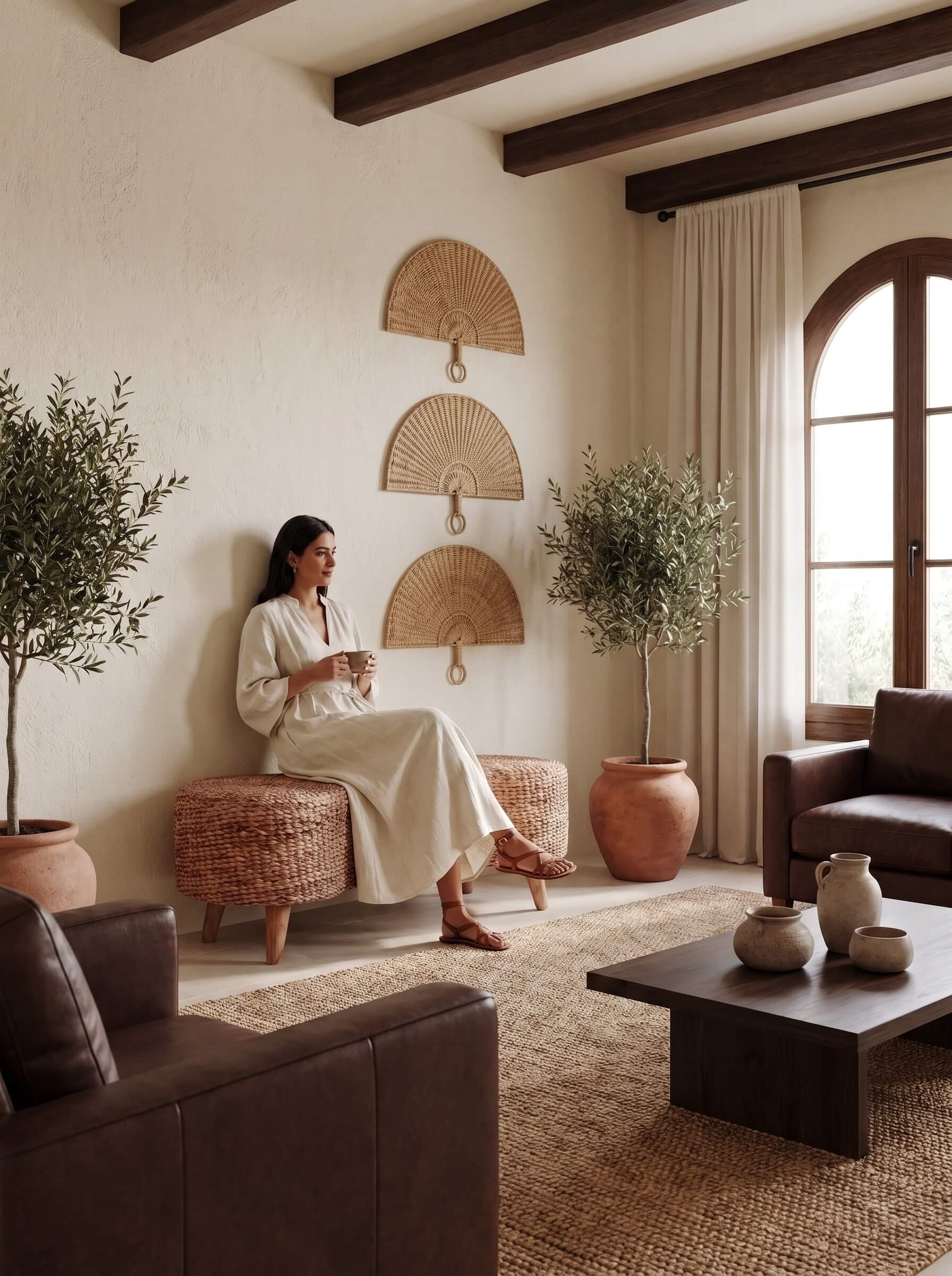 A woman in a cream dress sits on a woven ottoman in a warm, rustic living room with dark wood ceiling beams, potted olive trees, and brown leather furniture.