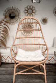 Handmade Milo Rattan Chair with wooden legs in natural colour, boho style seating for living room, bedroom, patio, or garden
