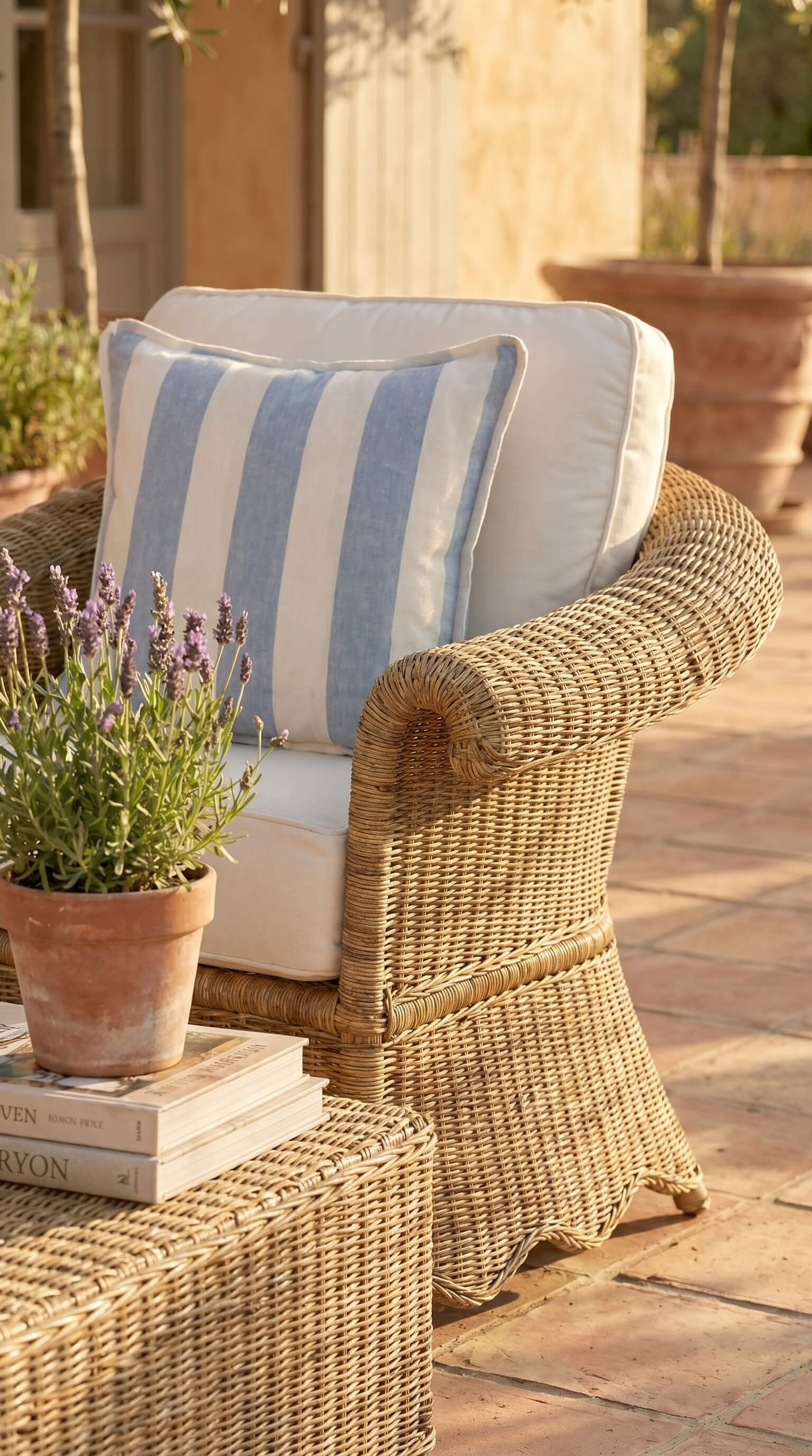Wicker chair with striped cushion and lavender plant on a patio