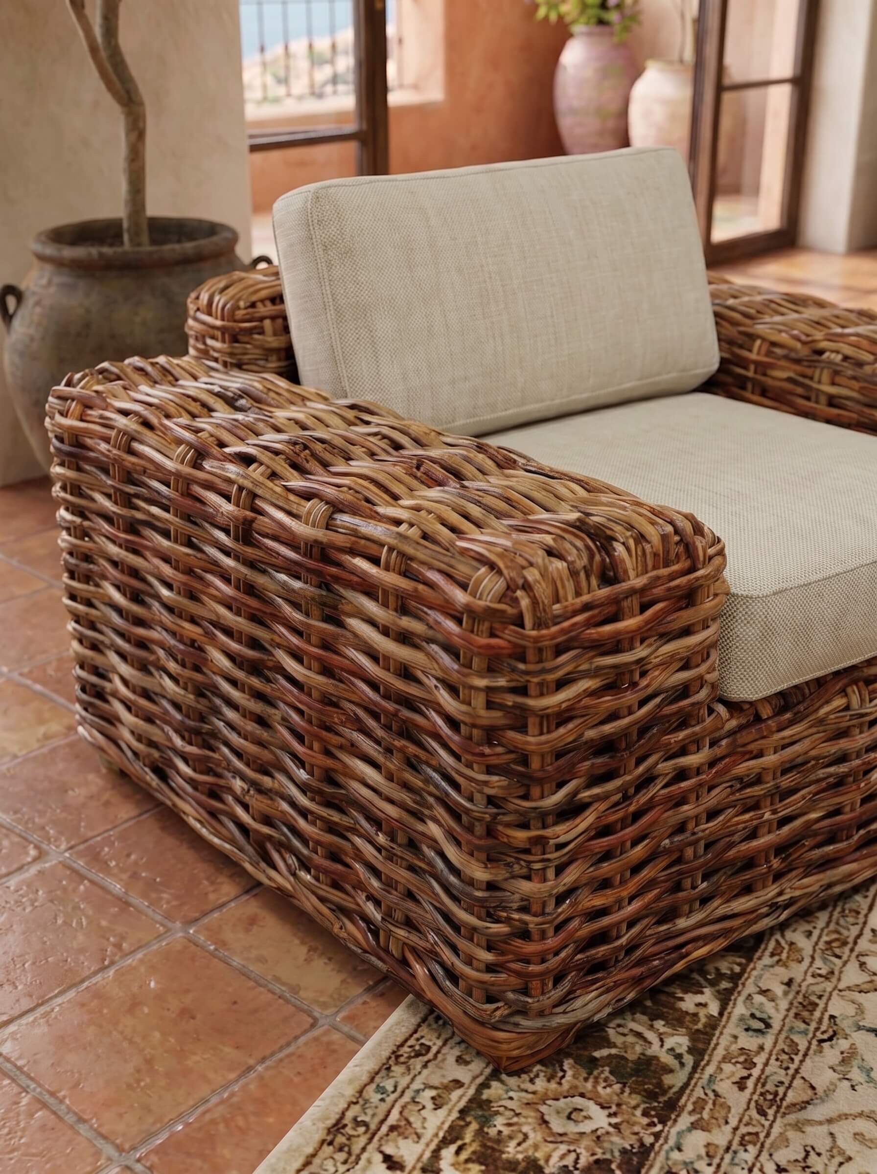 Woven rattan chair with curved armrests
Natural rattan chair with handcrafted detailing
