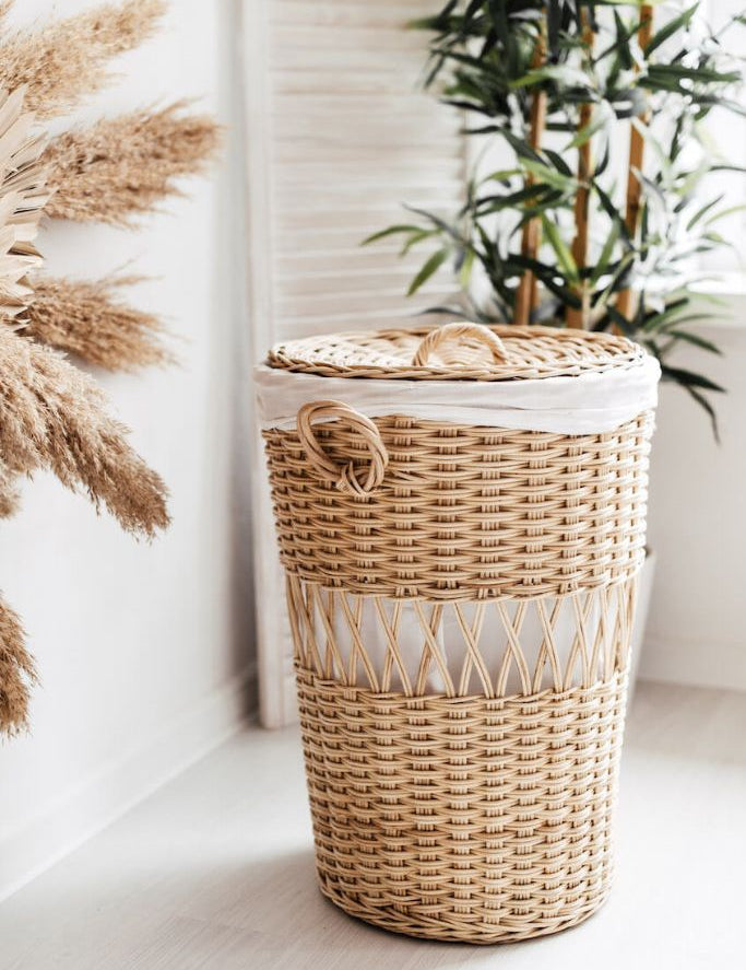 Handwoven Looma Basket made from natural rattan, eco-friendly storage solution for bedrooms, bathrooms, living rooms, and laundry rooms, lightweight and durable, rustic and stylish home organisation accessory.