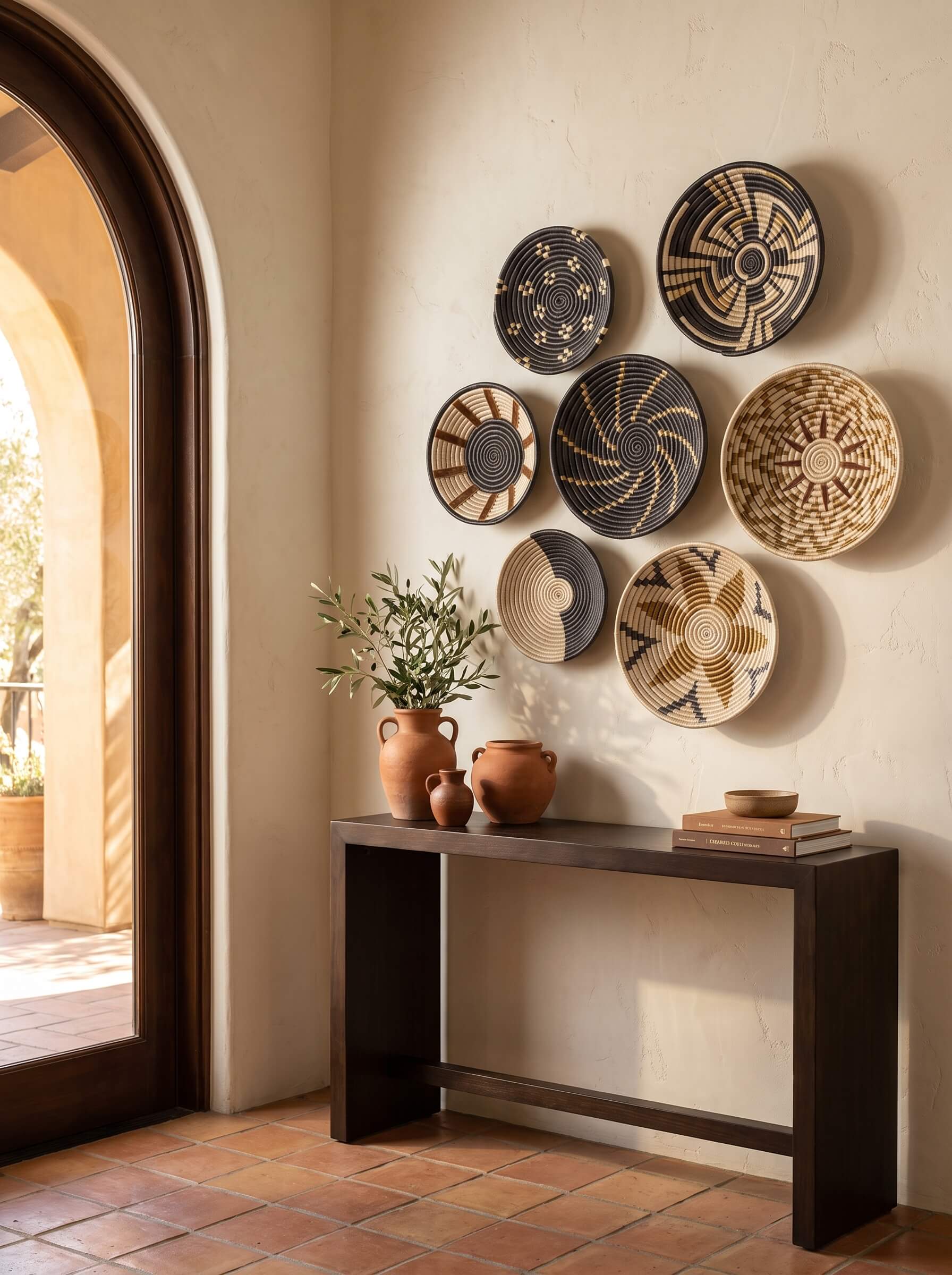 A styled interior scene showing a dark wood console table against a warm beige wall, decorated with six woven round baskets in black and natural tan tones. A terracotta vase with greenery and a small stack of books sit on the table.