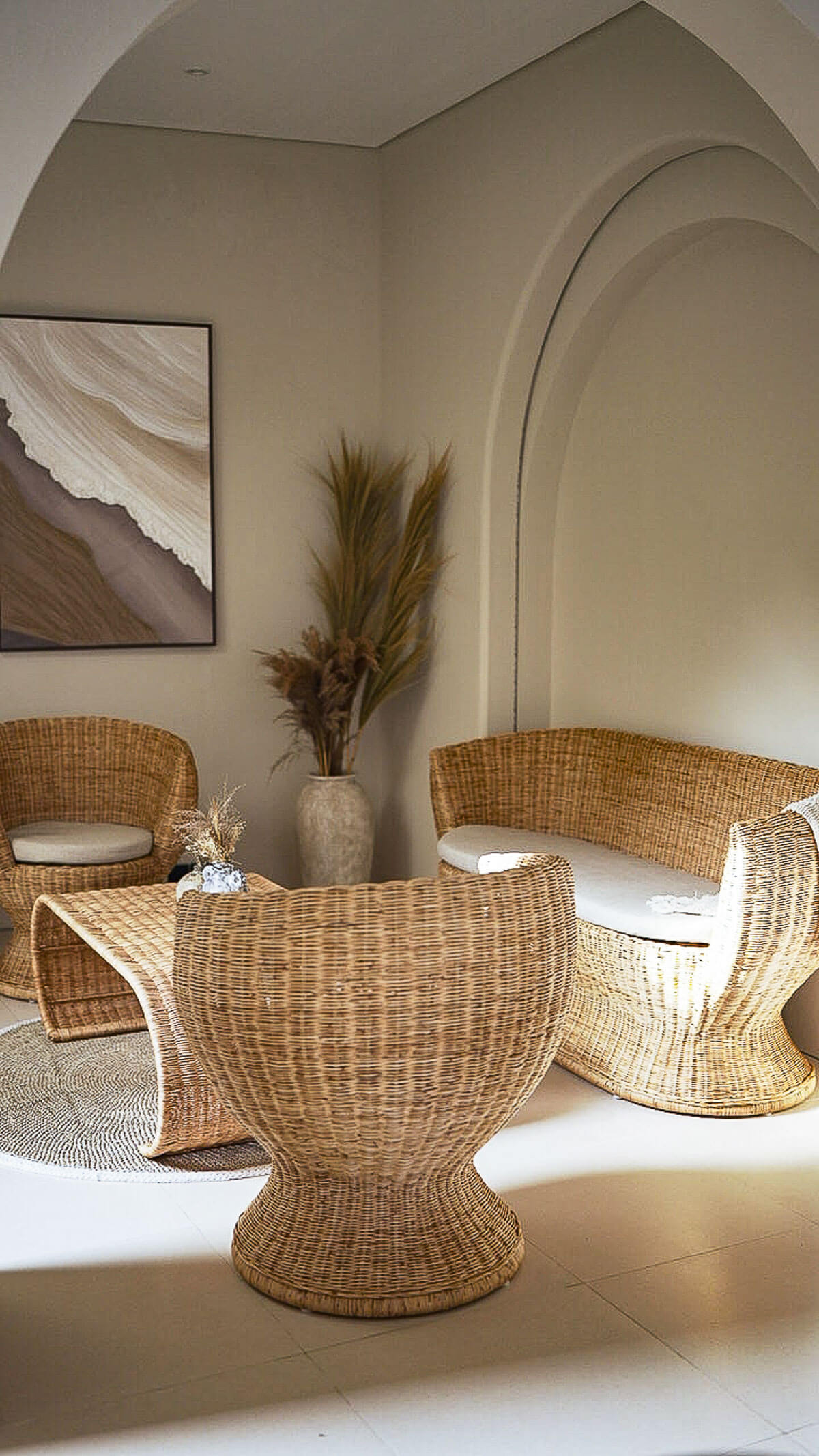 Modern rattan dining chair with natural tones
