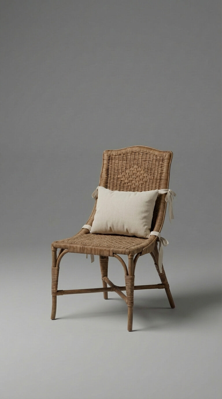 Wicker chair with a white cushion on a gray background