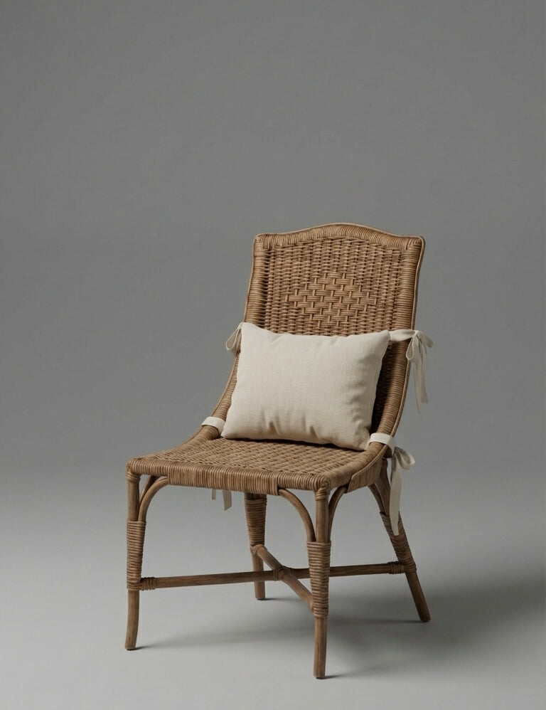 Wicker chair with a white cushion on a gray background