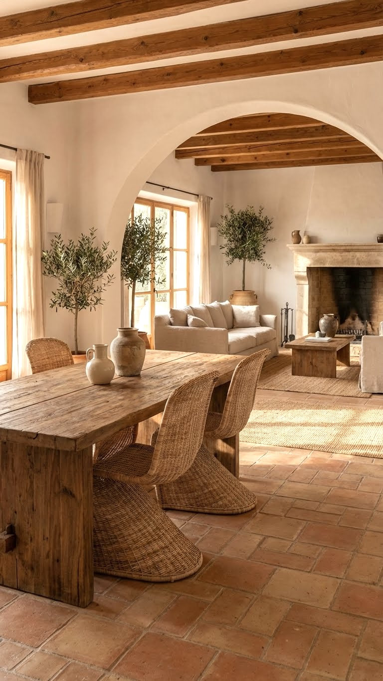 Cozy living room with wooden table, wicker chairs, and a fireplace.