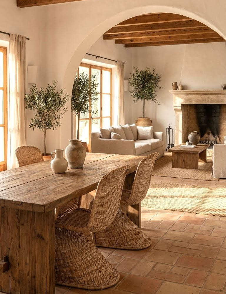 Cozy living room with wooden table, wicker chairs, and a fireplace.