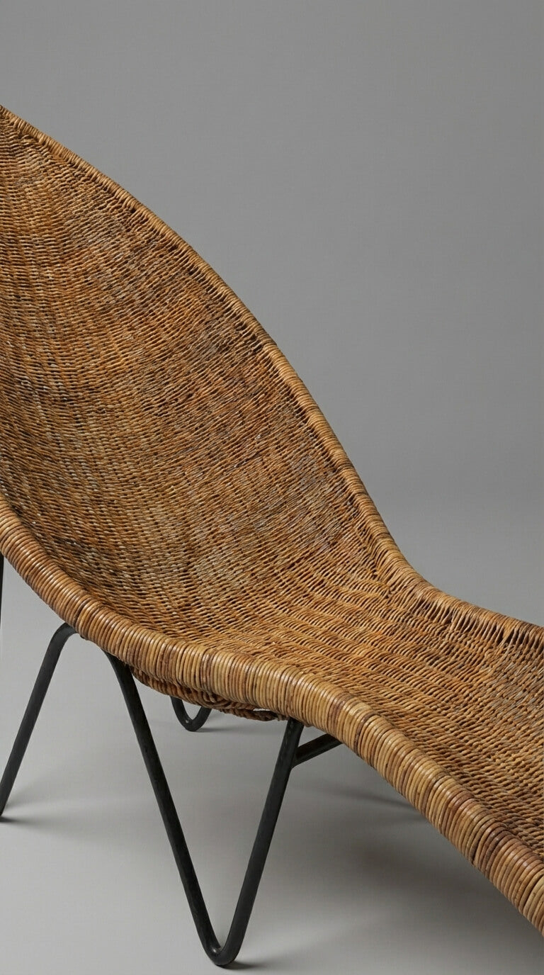 Wicker chair with black metal legs on a gray background