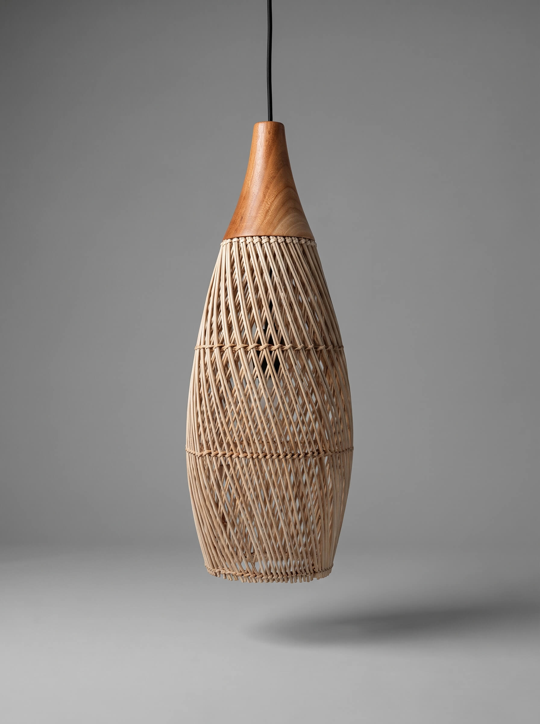 Handwoven Rattan Pendant Light with Solid Teak Wood Canopy